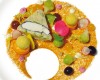 Terrina di merluzzo e farro con piccolo flan di carote e bulgur con sfere di rapa rossa e mango
